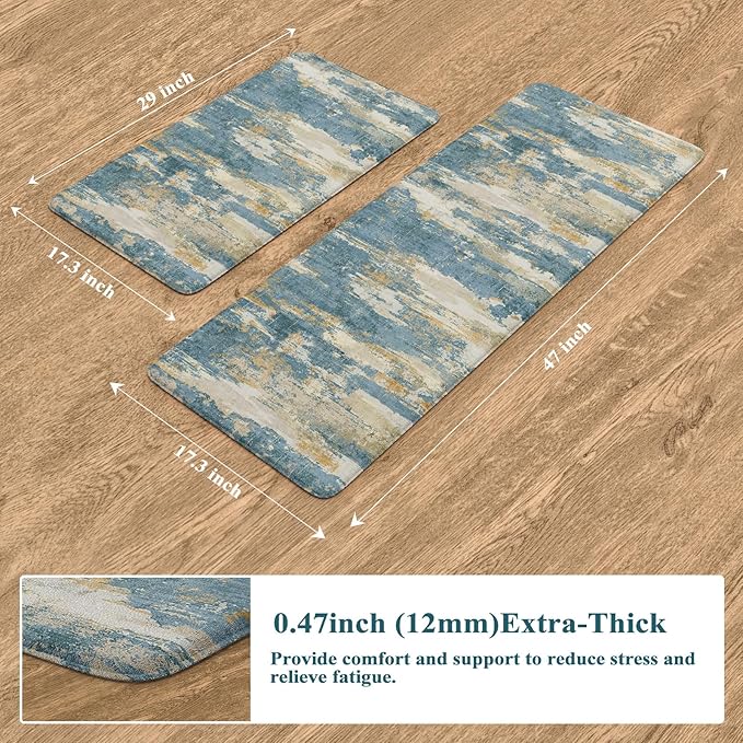 Collive Kitchen Mats for Floor 2 Piece, Abstract Cushioned Anti Fatigue Rugs Non Slip Waterproof Kitchens Sink Mat, Blue Modern Standing Mat for Bar, Office, Desk, Home Decor, 17"x29"+17"x47"