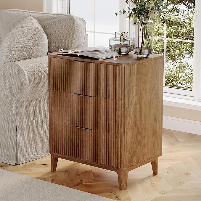 23.6" Mid Century Modern Night Stand with 3 Drawers, Large 3 Drawers Bedside Table with Quiet Drawers & Metal Handles, Fluted 3-Drawer Dresser Rustic Wood 3 Drawer Storage End Table Bedroom Walnut