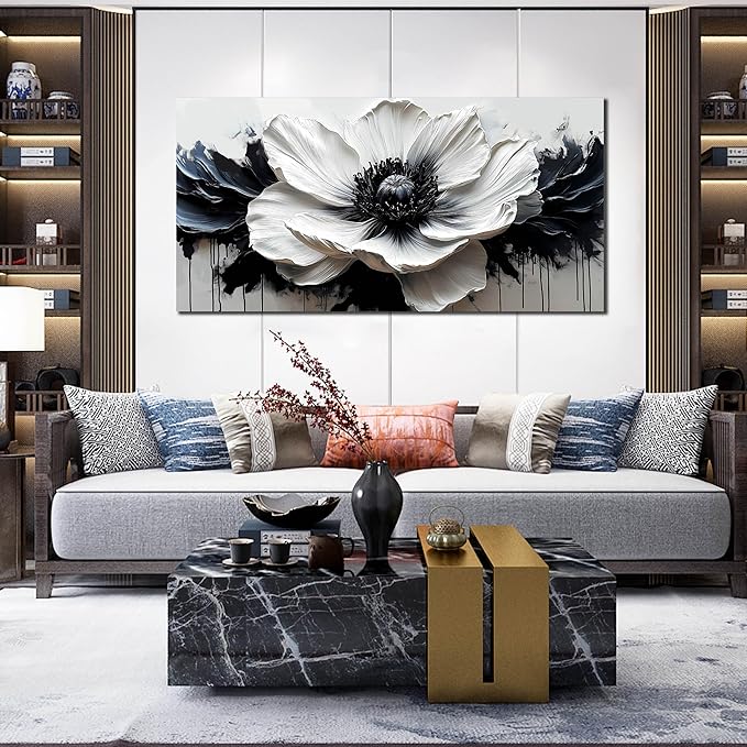 Flower Canvas Wall Decor Living Room - Black and White Pictures Wall Art for Bedroom Women - Fashion Art Wall Decor Office Size 24" x 48"