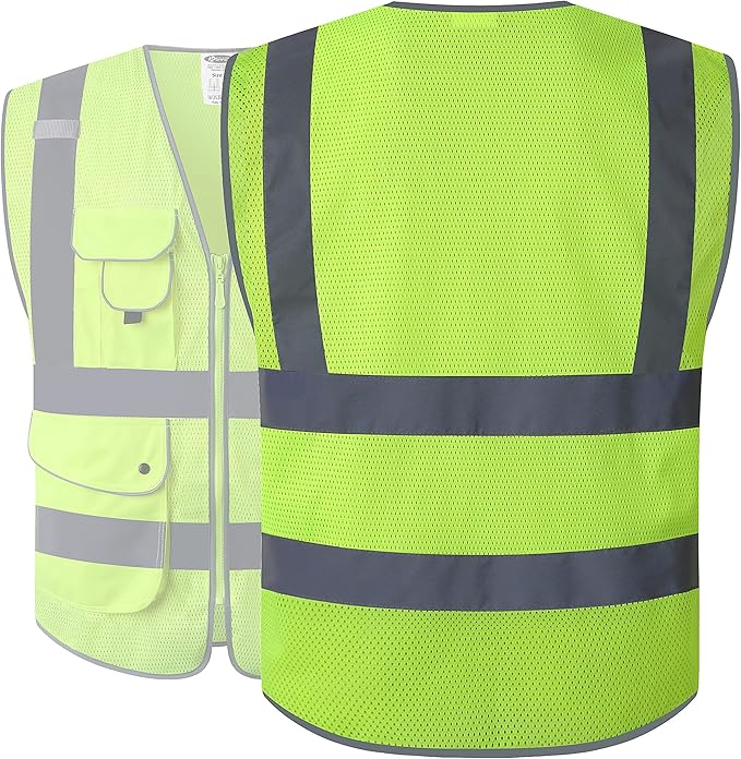 JKSafety 9 Pockets High Visibility Safety Vest for Men and Women, Hi-Vis Reflective Yellow Safety Vests with Zipper Front, Meet ANSI/ISEA Class 2 Type R(159-Yellow L)