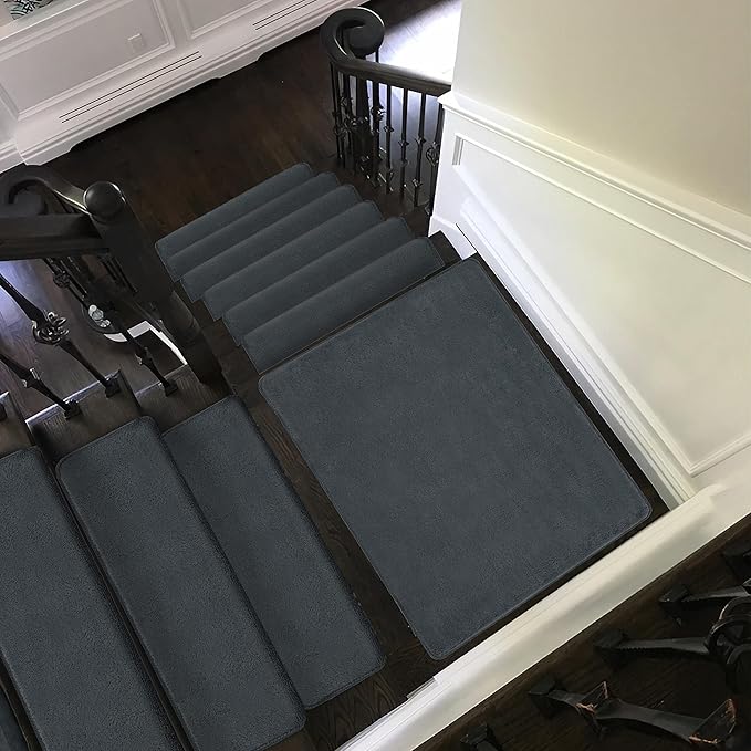 PURE ERA Carpet Stair Treads Ultra Plush 9.5" X 30"Soft Bullnose Indoor Stair Protectors Pet-Friendly Non-Slip Skid Resistant Tape Free Washable Reusable(7 Pieces,Dark Gray)