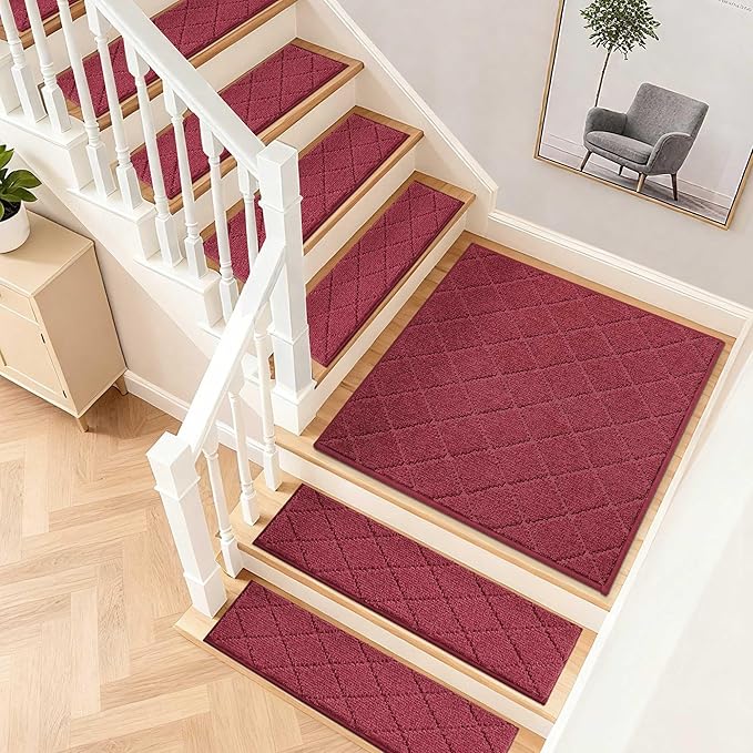 COSY HOMEER Stair Landing Rugs Non-Slip Corner Indoor Edging Stair Treads for Wooden Steps,Washable Soft Stair Landing Mat for Kids,Elder and Dogs,Polyester,TPE Backing,Red,30x30inch