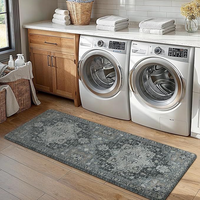 GENIMO Kitchen Mats for Floor 2PCs, Washable Anti Fatigue Mat for Cushioned, 17.3"x47"+17.3"x30", Waterproof Kitchen Rugs, Non Slip Comfort Standing Mat Rug for Home, Sink, Laundry, Dark Gray