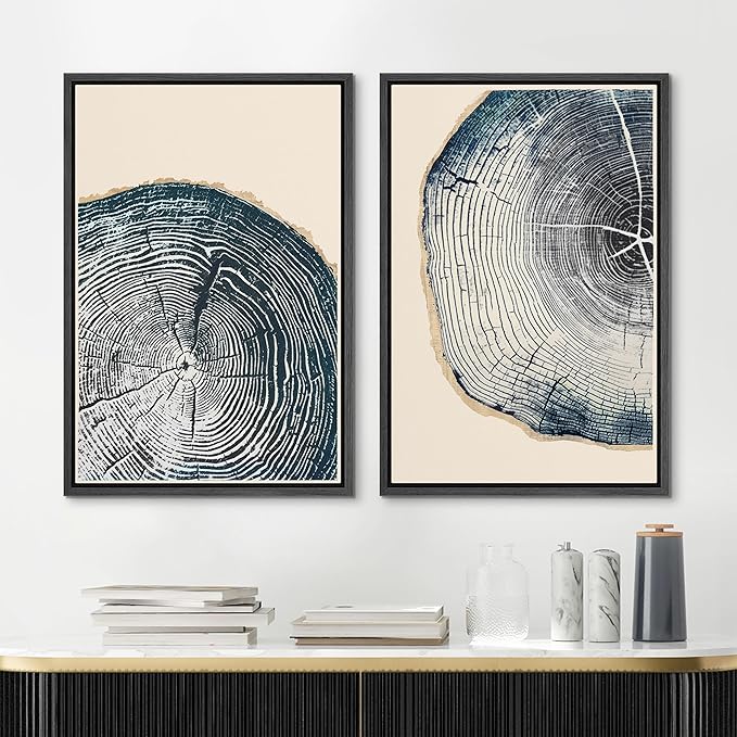 MUDECOR Framed Canvas Print Wall Art Navy Blue Wood Tree Ring Nature Illustration Modern Art Decorative Multicolor Geometric Minimal for Bedroom - 16"x24"x2 Black