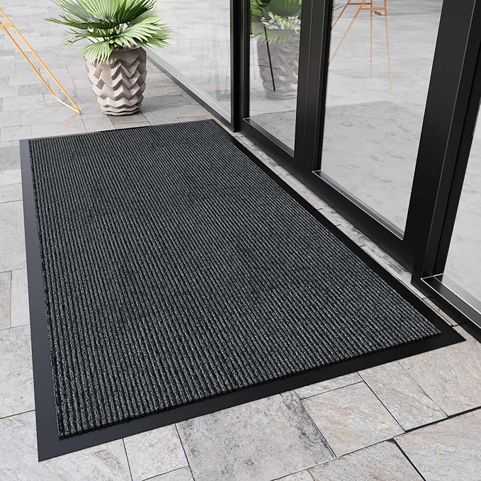 Indoor Outdoor Door Mat, 5’ x 3' Doormat for Entryway, Rubber Backing Non Slip Front Door Mat Outside Entrance, Super Absorbent Commercial Floor Mat for Home Office, Grey