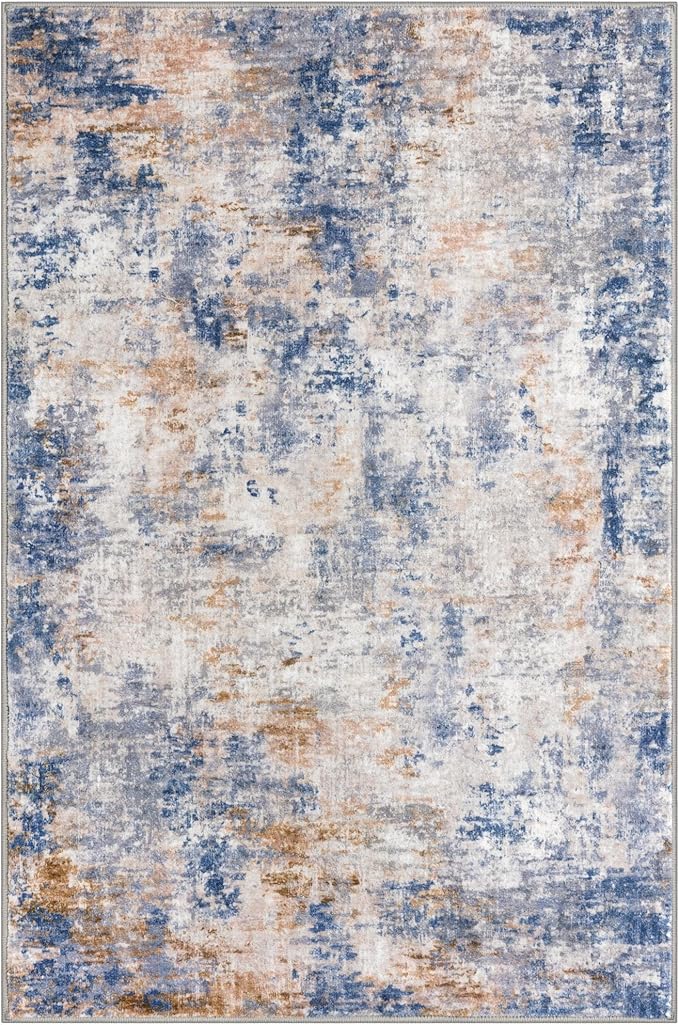 Modern Abstract Small Area Rug Indoor, Grey Blue Orange Multi 3x5 Washable Rug Non-Slip Soft Entryway Rug Kitchen Mats Thin Print Faux Wool Floor Carpet Colorful Throw Rugs for Entrance Bedroom