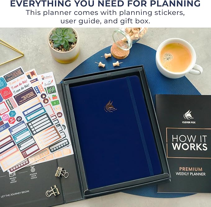 Clever Fox Dated Planner Premium 2026 – Weekly Agenda for Planning & Time Management –Notebook with Habit Tracker & To-do List (Navy Blue)