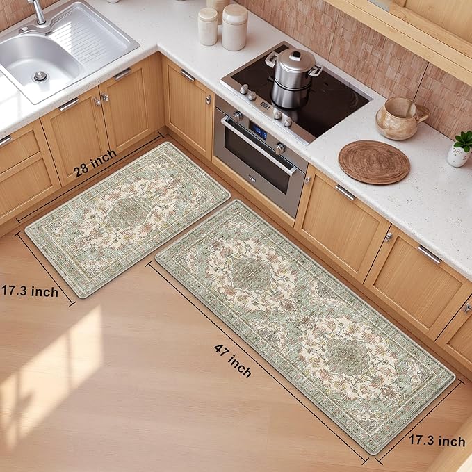 Boho Kitchen Mats for Floor 2 Piece Set Anti Fatigue Cushioned PVC Kitchen Rugs Non Slip Waterproof Farmhouse Mats 2/5 Inch Comfort Standing Mat for Sink, Laundry, 17.3"x47"+17.3"x28", Green Beige