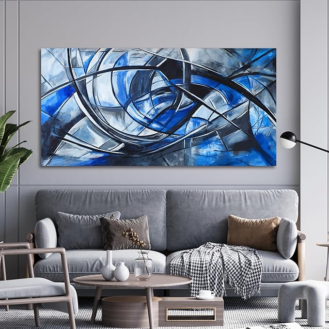 Abstract Wall Art Decor Modern Large Wall Art Pictures for Living Room Black and White Wall Art Decor Artwork for Walls Oversized Blue Wall Art Prints Canvas Art Wall Decor Home Office Decor 39" X 78"