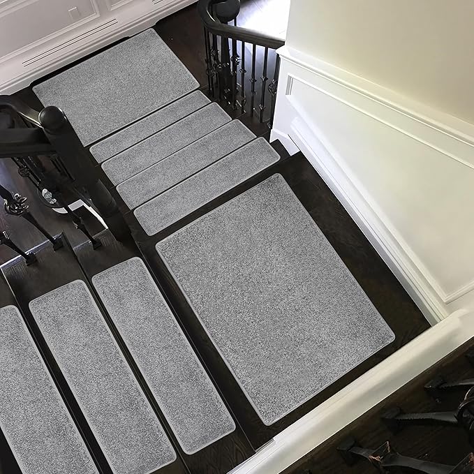 PURE ERA Carpet Stair Treads Tape Free Non Slip Indoor Stair Carpet Stair Protectors Pet-Friendly Non-Slip Skid Resistant Washable Reusable 8" x 30"(2 Pieces,Gray)