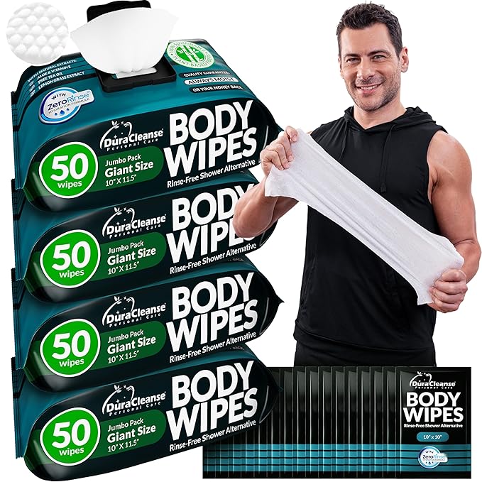 After Gym Body Wipes for Men – Maximum Cleaning Power (Ultra Clean) – 4 Pack (200 XL Wipes + 16 Travel Wipes), No Rinse Shower Wipes, Waterless Bathing Wipes for Camping, Work & Travel