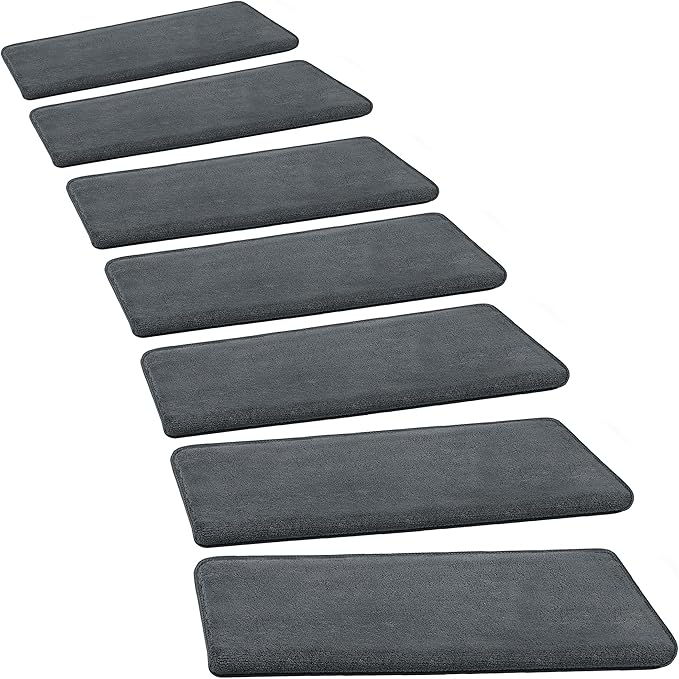 PURE ERA Carpet Stair Treads Ultra Plush 9.5" X 30"Soft Bullnose Indoor Stair Protectors Pet-Friendly Non-Slip Skid Resistant Tape Free Washable Reusable(14 Pieces,Dark Gray)