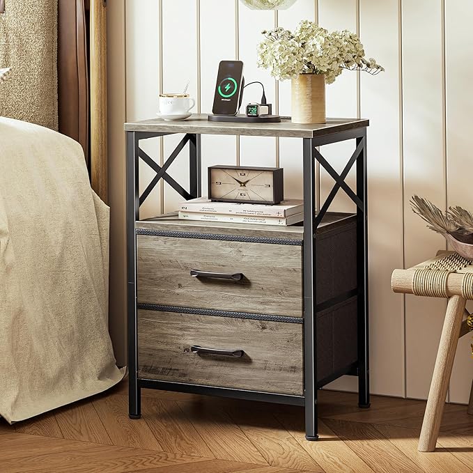 Huuger Nightstands Set of 2, Night Stand with Charger Station, 2 Drawer Side Table with Open Shelf, USB-C Port, End Table for Small Spaces, X Shaped Side Rail, Oak