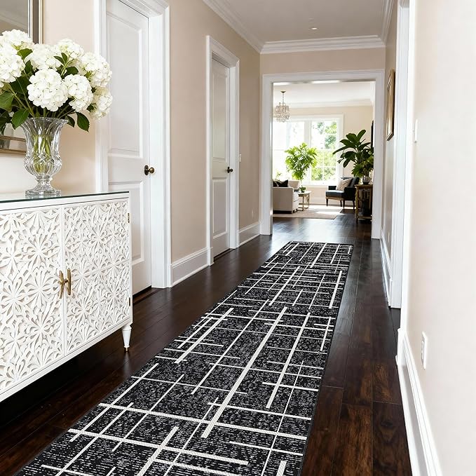 Non Slip Hallway Runner Rug 2x8,Modern Distressed Stripe, Washable Long Rug, Woven Thin Low Pile Carpet Runners for Hallway 10ft Entryway, Kitchen, Walkway- Midnight Black