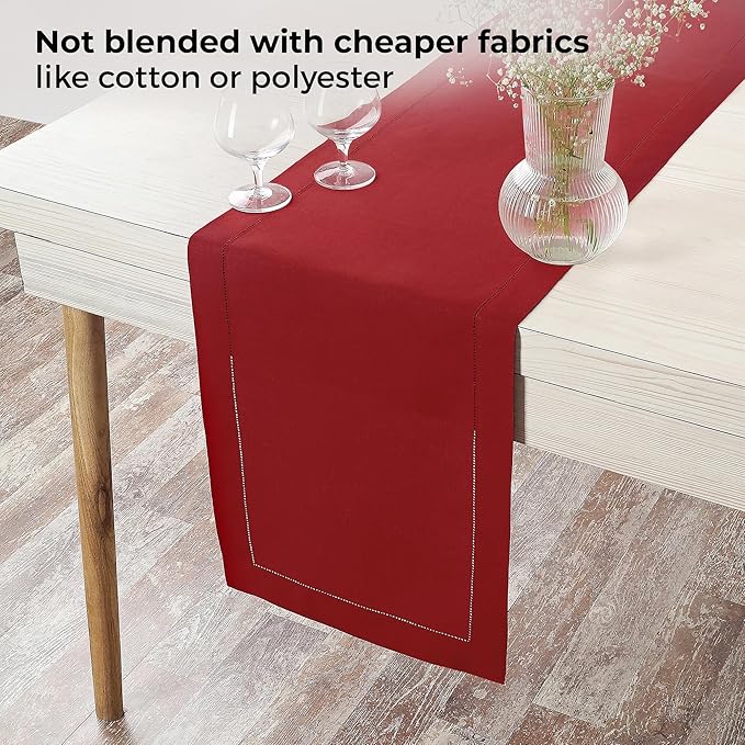 D'Moksha Homes Linen Red Table Runner 60 Inches - Classic Hemstitch, 100% Pure Linen Coffee Table Runner 14 x 60 Inch Ideal for Dresser Tables, Valentines, Spring