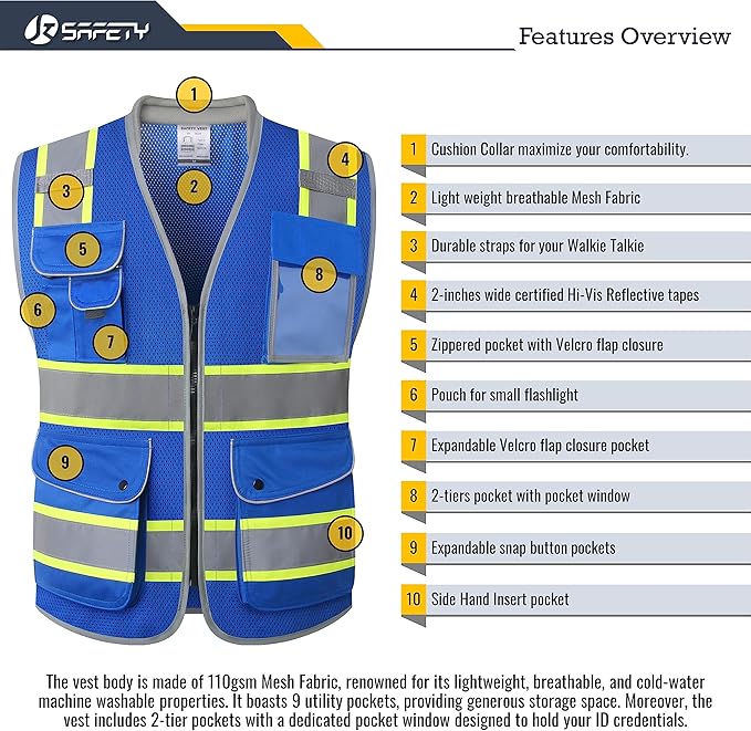 JKSafety 9 Pockets Hi-Vis Safety Vest Breathable Mesh Fabric Cushioned Collar Work Utility PPE Lightweight Industrial Work Gear ANSI/ISEA compliant (101-Blue M)