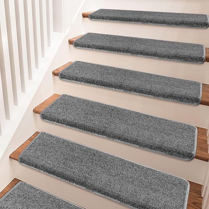 PURE ERA Bullnose Carpet Stair Treads Set Tape Free Non-Slip Indoor Stair Protectors Pet Friendly Rugs Covers Soft Skid Resistant Washable Reusable 9.5" x 30"(2 Pieces,Dark Gray)