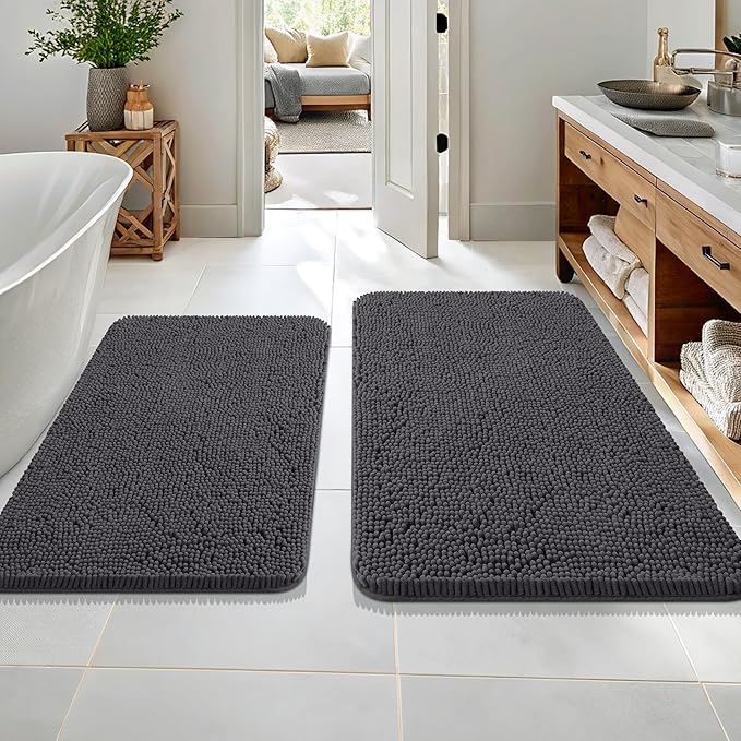 OLANLY Bathroom Rugs Sets 2 Piece, Soft Absorbent Chenille Bath Mats Area Rug Set, Non-Slip, Quick Dry, Machine Washable Bath Mats for Bathroom, Home Decor Accessories (36"x24"+30"x20", Dark Grey)