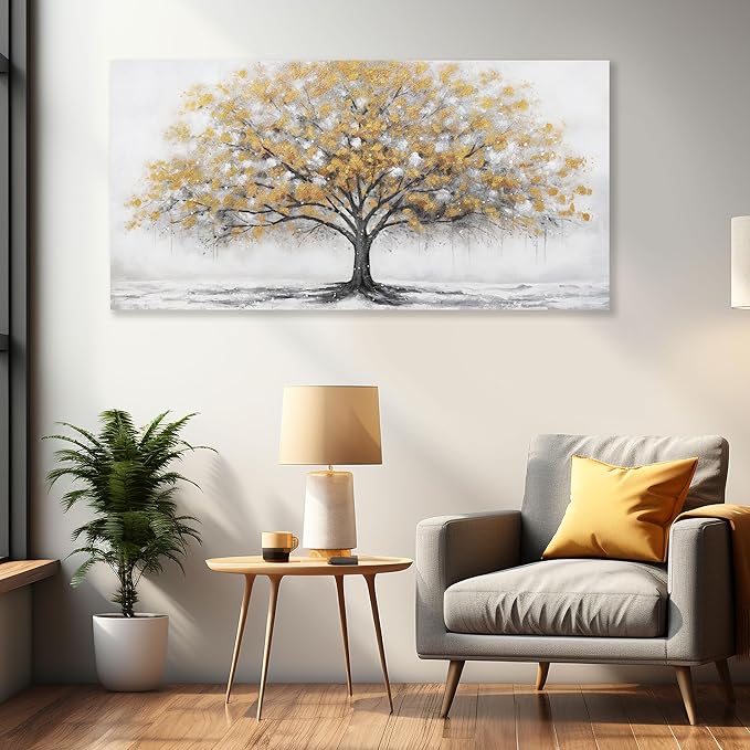 Glvzygy Wall Art Abstract Gold Tree of Life Canvas Modern Art Oil Painting Texture Tree Painting Living Room Bedroom Dining Room Home Office Decor Wall Decor 29" x 58"