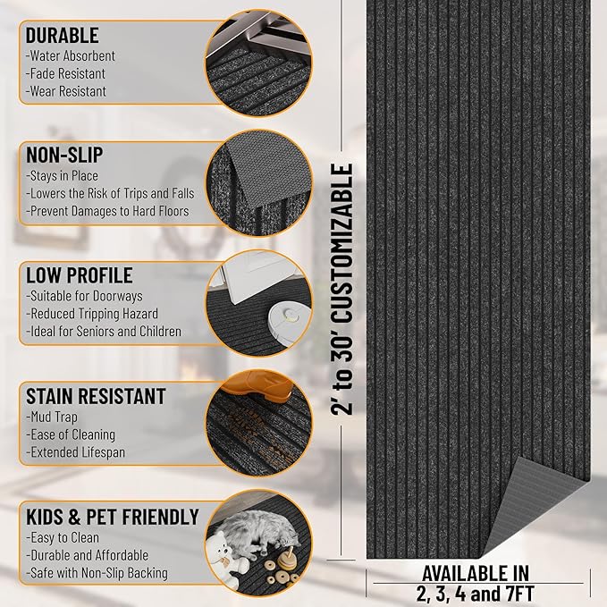 Ottomanson 2' x 41' Hallway Runner with Scraper Pile Extra Durable Non-Slip Rug Mat for Indoor & Outdoor Use - Ideal for Kitchen, Entryway, Patio & Garage - High-Traffic Carpet, Black