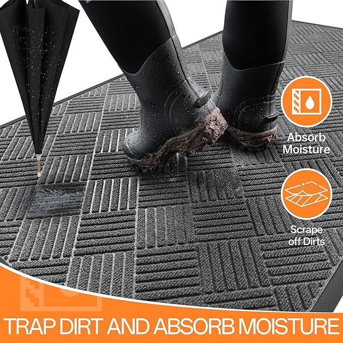 Indoor Outdoor Door Mat, 6’x 2' Doormat for Entryway, Rubber Backing Non Slip Front Door Mat Outside Entrance, Super Absorbent Commercial Floor Mat for Home Office, Gray