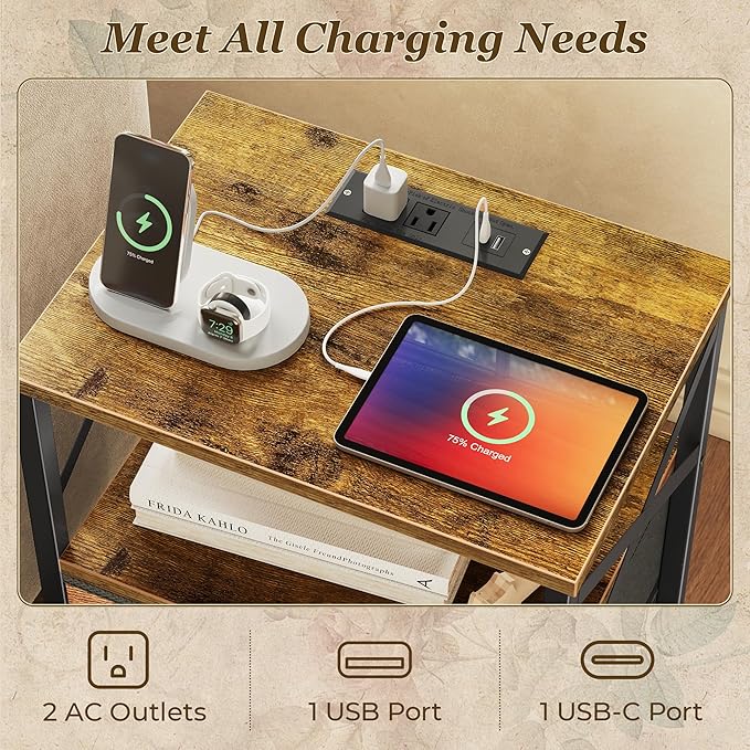 Huuger Night Stand with Charger Station, 2 Drawer Nightstand with Open Shelf, Bed Side Table with USB-C Port, End Table, Compact Size for Small Spaces, X Shaped Side Rail, Brown