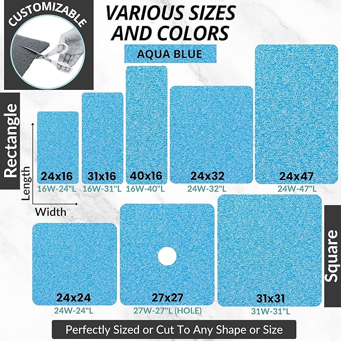 Shower Mat Non Slip - PVC Loofah Inside or Outside Showers, Bathtubs, Bathrooms, and Wet Areas - Safe for Textured Tiled and Smooth Floor - No Suction Cups Secure Anti Slip (Aqua Blue 24 x 47)