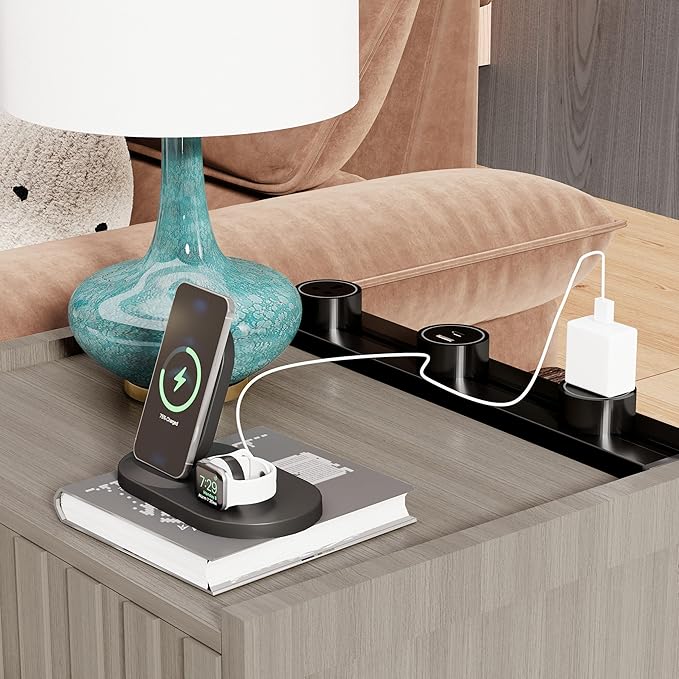 Night Stand with Slidable Charging Station,Nightstands with 2 Drawers,Farmhouse EndTable and Bedside Table,Small Side Table for Bedroom（Newly Upgraded）