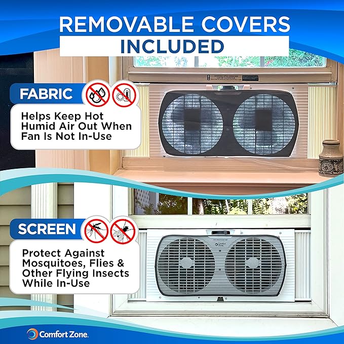 Comfort Zone Twin Window Fan with Reversible Airflow Control, 9 inch, Auto-Locking Expanders, 2 Speed Fan, Dual Fan, Exhaust, Airflow 9.84 ft/sec, Ideal for Home, Kitchen, Bedroom & Office, CZ319WT