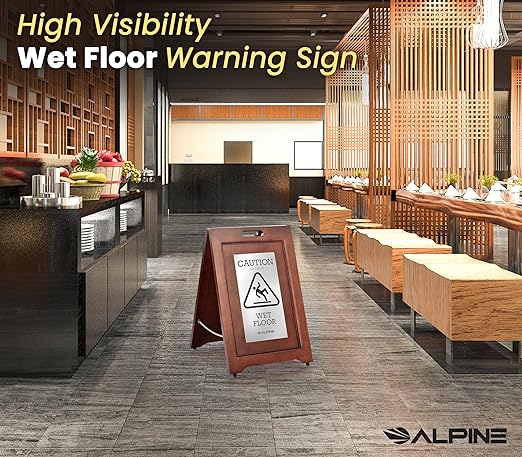 Alpine Wooden Wet Floor Sign – High-End Slippery When Wet Caution Sign, Bilingual English & Spanish, Stainless Steel Plate, Foldable, Rubber Tips, Safety Warning for Hotels, Restaurants & Offices