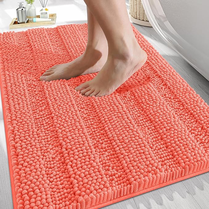 OLANLY Thick Bathroom Rugs 30x20, Extra Soft Absorbent Chenille Striped Bath Rugs, Rubber Backing, Machine Wash Dry, Bath Mats for Bathroom Floor, Tub and Shower, Home Decor Accessories, Coral