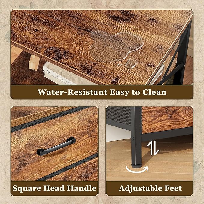 Huuger Night Stand with Charger Station, 2 Drawer Nightstand with Open Shelf, Bed Side Table with USB-C Port, End Table, Compact Size for Small Spaces, X Shaped Side Rail, Rustic Brown
