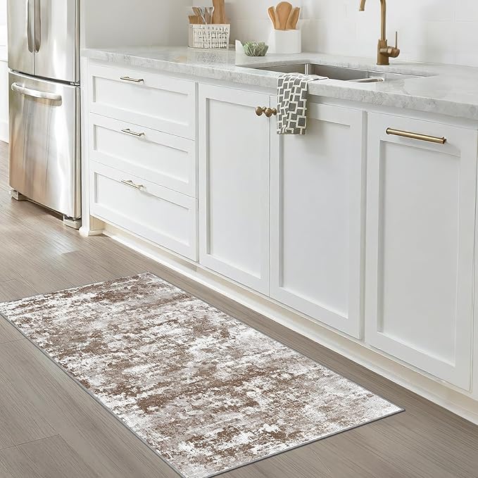 Runners for Hallways Ultra Non-Slip 2x4 Washable Kitchen Rug Abstract Tear and Stain Resistance No Pile Hand-Woven Style Lightweight Runners for Entryway, Laundry Room, Bedside, Brown