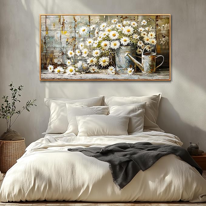 PHAOHUAXM Large Canvas Wall Art For Living Room Wall Decor Printing Artwork Retro White Flower Dining Room Bedroom Bathroom Kitchen Wall Painting Home Decoration Wood Frame Ready To Hang 20x40 In