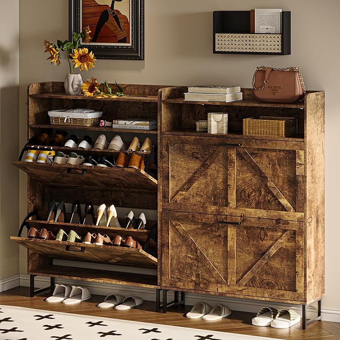 Shoe Cabinet with 2 Flip Drawers, 45" Freestanding Narrow Wood Shoe Storage Cabinet with Metal Legs and Hooks, Slim Shoe Rack Organizer for Entryway, Hallway, Brown