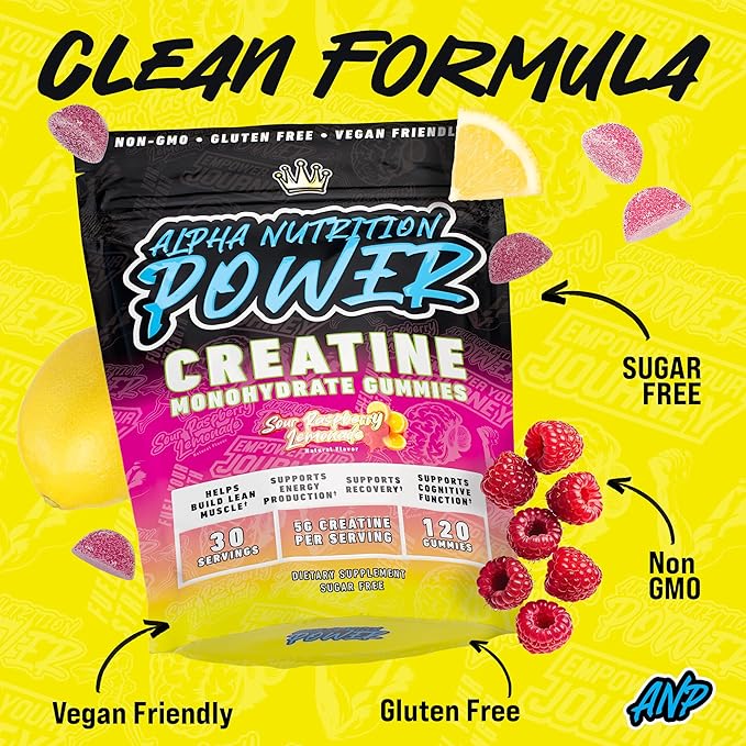 Creatine Monohydrate Gummies 5g - Raspberry Lemonade Flavored Creatine for Men and Women - Supplement for Muscle Gain, Energy, Pre and Post Workout, Recovery, (120 Gummies)