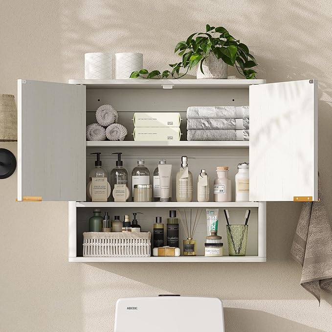 Furnideco Bathroom Medicine Cabinet with Fluted Doors, 3-Tier Modern Wall Cabinet Over Toilet, Small Hanging Storage Cabinet for Bathroom, Antique White