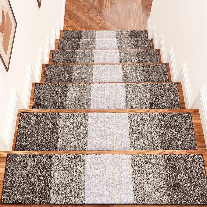 OLANLY Stair Treads Non Slip 15PCS, 8" x 30" Indoor Stair Runners for Wooden Steps, Edging Stair Rugs with Reusable Peel and Stick Adhesive for Kids Elders and Pets, Light Brown
