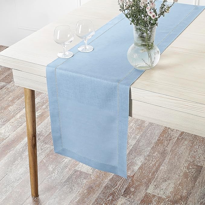D'Moksha Homes Linen Powder Blue Table Runner 108 Inches Long - 100% Pure Linen 14 x 108 Inch Table Runner for Spring, Easter - Classic Hemstitch