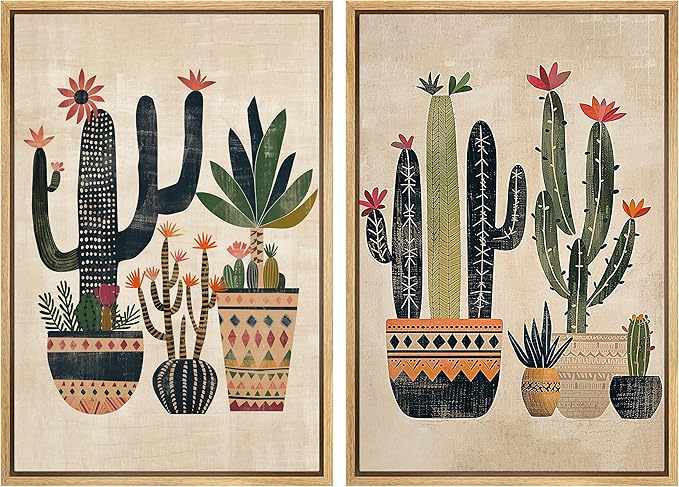 MUDECOR Framed Canvas Print Wall Art Set Mexican Cactus Tropical Botanical llustrations Modern Art Decorative Bohemian Calm/Zen for Living Room, Bedroom, Office - 24"x36"x2 Natural