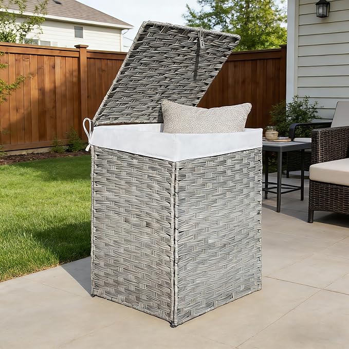130L Foldable Outdoor Wicker Storage Basket with Lid - Patio Storage Hamper with Removable,Machine Washable 2-Compartment Liner & Handles for Clothes,Pillows,Bedding(Gray)