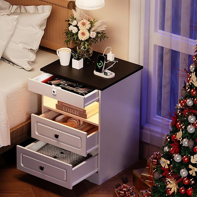 Night Stand with Charging Station,Bedside Table with Gun Drawer,Farmhouse End Table and Nightstand,Small SideTable for Bedroom (White-with Gun Drawer, 1-Pcs)