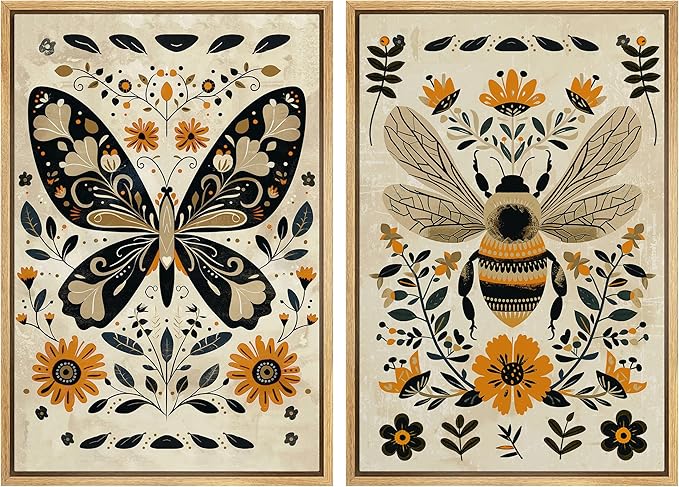 MUDECOR Framed Canvas Print Wall Art Set Butterfly Animals Botanical Bee llustrations Modern Art Decorative Bohemian Calm/Zen for Living Room, Bedroom, Office - 16"x24"x2 Natural