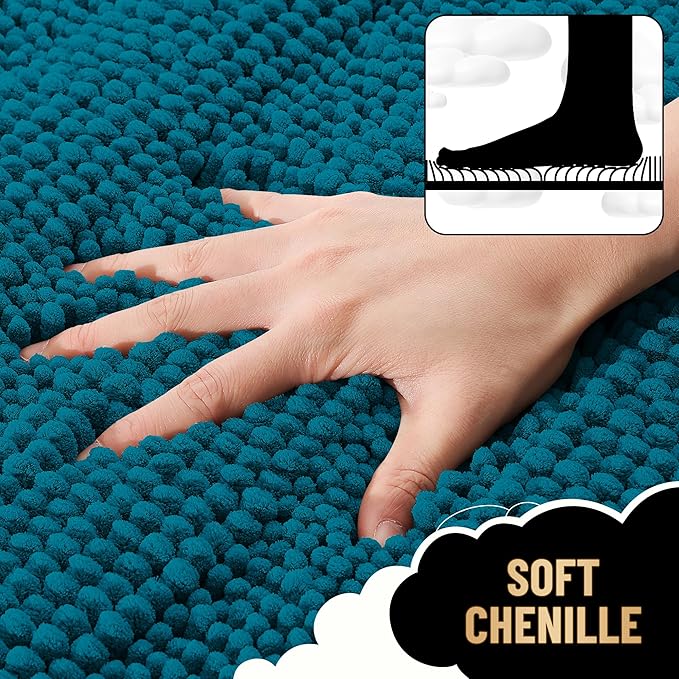 OLANLY Thick Bathroom Rugs 24x16, Extra Soft Absorbent Chenille Striped Bath Rugs, Rubber Backing, Machine Wash Dry, Bath Mats for Bathroom Floor, Tub and Shower, Home Decor Accessories, Peacock Blue