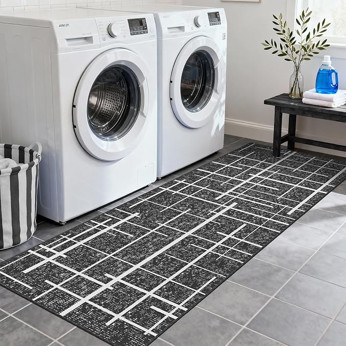 Washable Runner Rug 2x6, Gray Modern Distressed Stripe, Kitchen Runner Rug Non Slip, Woven Thin No Shed Runners for Entryway, Kitchen, Laundry Room- Gray