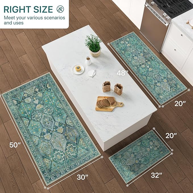 GENIMO Kitchen Mats for Floor Set of 3 Non-Slip Washable, Waterproof Lightweight Kitchen Rugs, Kitchen Floor Mat Runner Rug Carpet for Laundry, Sink, Hallway, Bathroom, Entryway, Dark Green