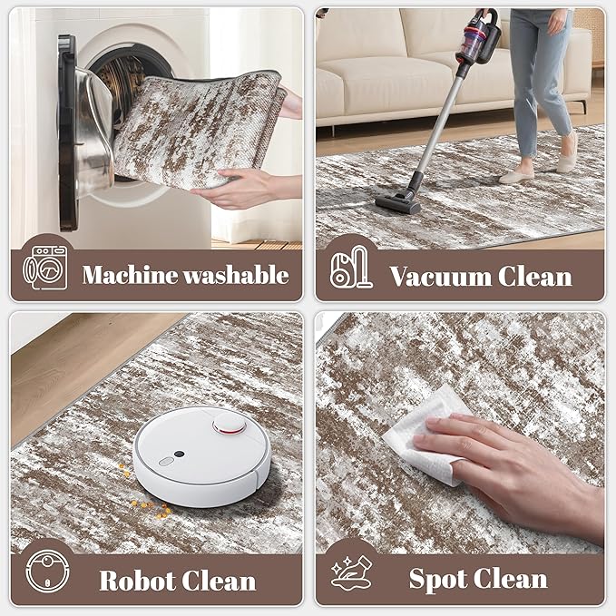 Runners for Hallways Ultra Non-Slip 2x4 Washable Kitchen Rug Abstract Tear and Stain Resistance No Pile Hand-Woven Style Lightweight Runners for Entryway, Laundry Room, Bedside, Brown