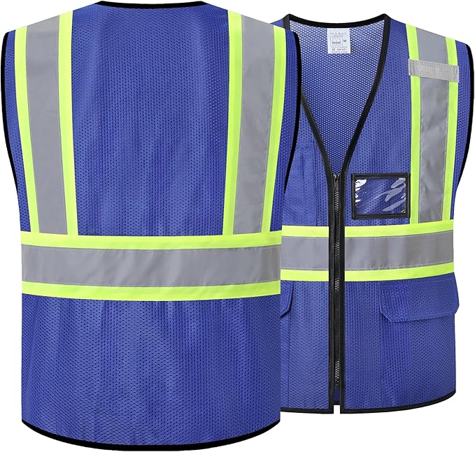 Reflective Safety Vest for Men Women Hi Vis Vest with Pockets High Visibility Vest Mesh Construction Vests Meets ANSI/ISEA Standards (Blue-33, XX-Large)