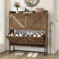 Narrow Shoe Storage Cabinet, Hidden Shoe Cabinet with 4 Wooden Legs,31.5" W Farmhouse Style Freestanding Shoe Rack, Rustic Brown Shoe Cabinet with 2 Flip Drawers for Entryway, Hallways