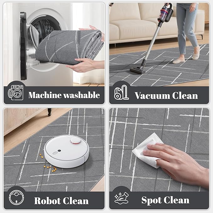 Gray Runner Rug Ultra Non-Slip 2x4 Washable Bedroom Rugs Modern Tear and Stain Resistance No Pile Hand-Woven Style Lightweight Runners for Hallways, Kitchen, Laundry Room, Bedside, Gray